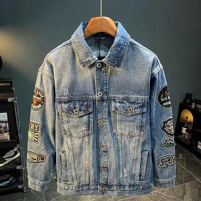 Street Fashion Jacket Men - Chaqueta vaquera con parche bordado de
