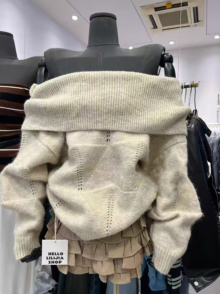 Korean Street Fashion Female - Suéter de punto con cuello oblicuo